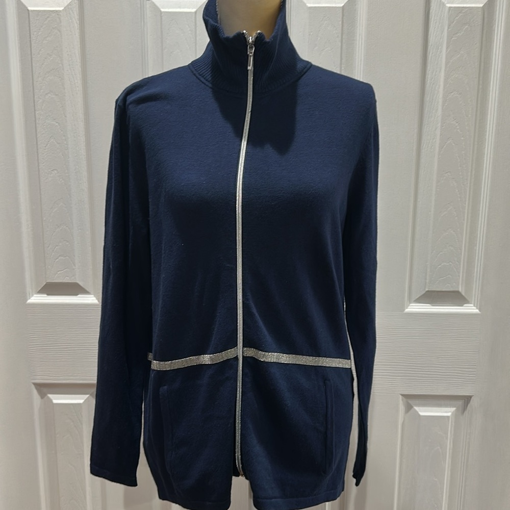 Zenergy Cotton Cashmere-Blend Beaded-Trim Jacket Size M - Picture 6 of 14